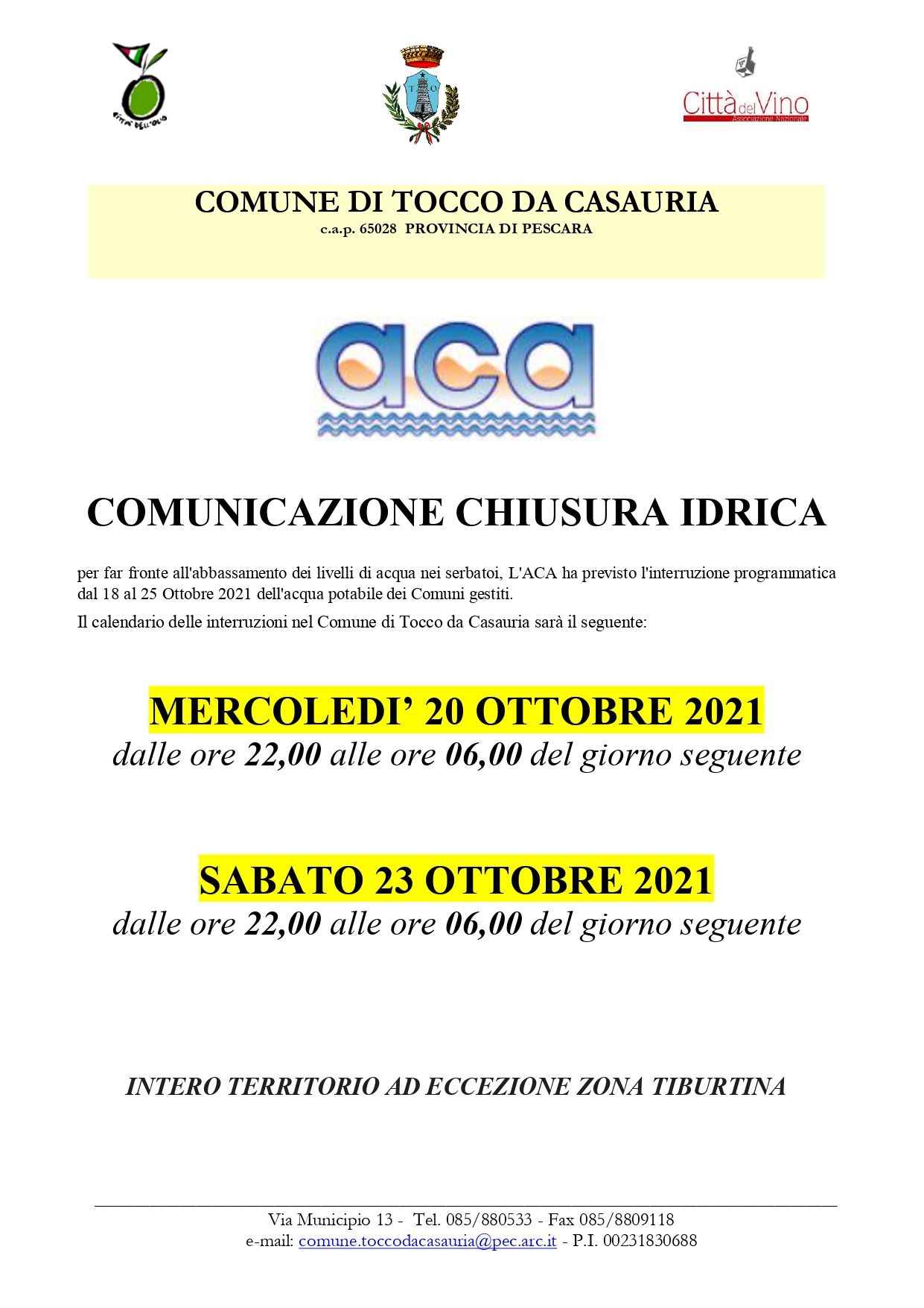 CALENDARIO CHIUSURA ACQUA